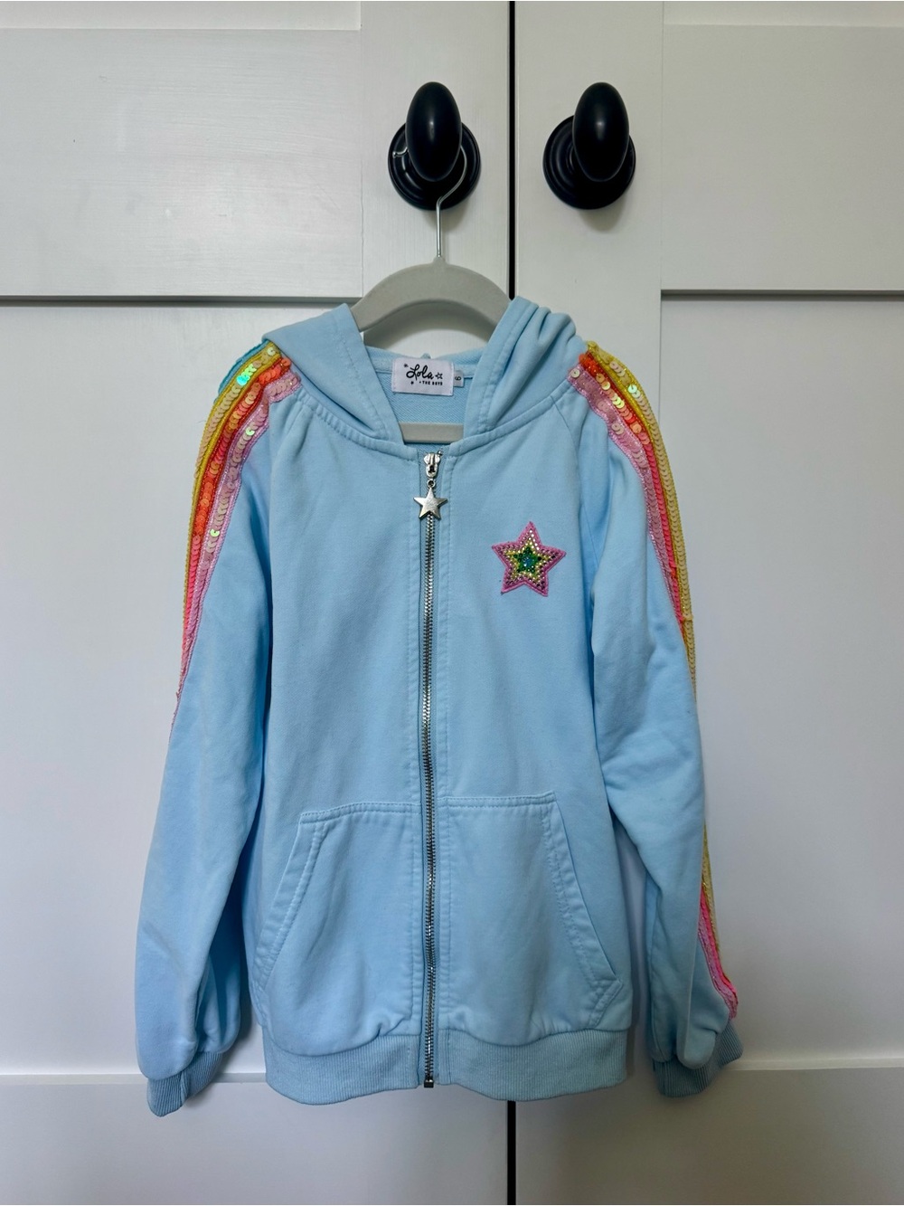 Lola + The Boys Baby Blue Rainbow Sequin Hoodie